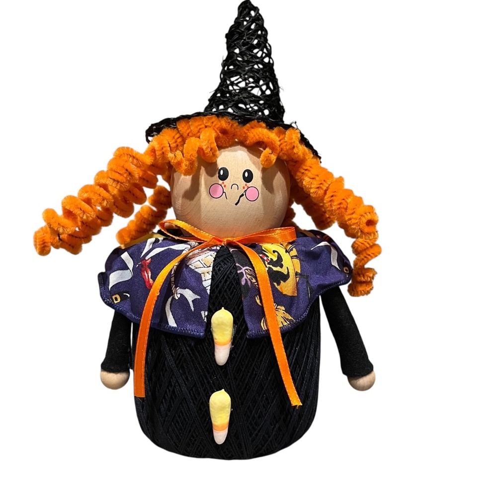 Hand Crafted Halloween Witch Wooden Folk Art Candy Corn Buttons Orange Hair